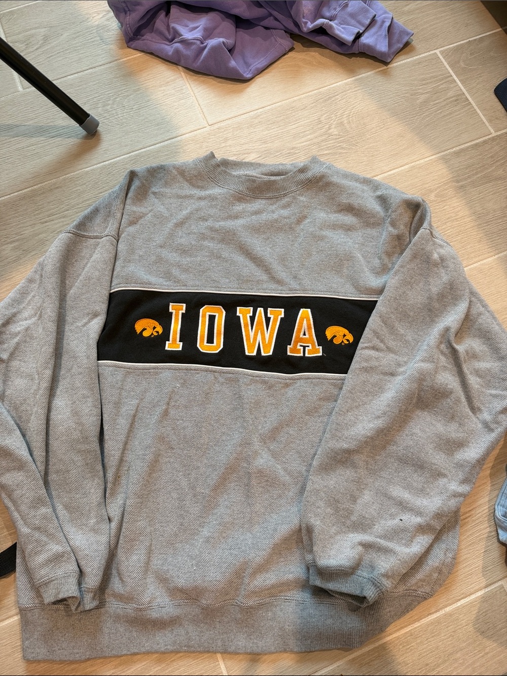 Varsity Iowa Grey Crewneck with Black & Gold Logo Stripe